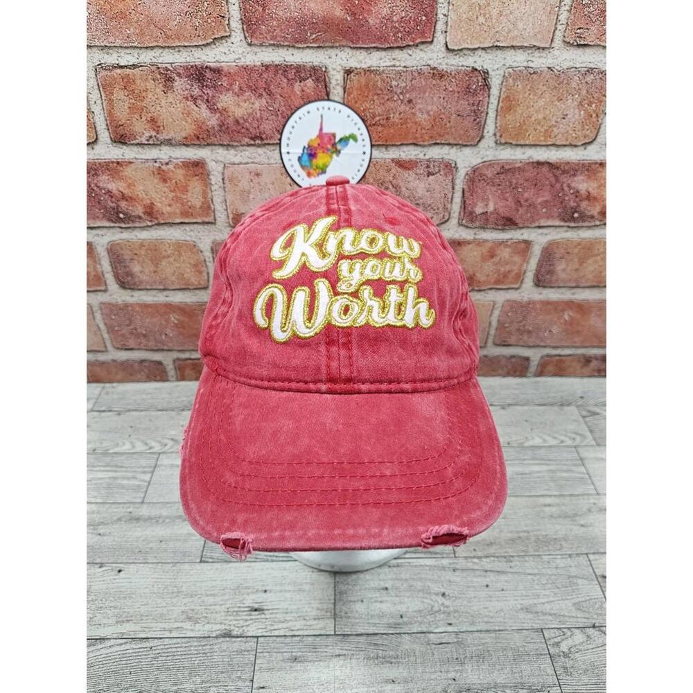 Know Your Worth Hat Cap Distressed Red Women's Adjustable Strapback Baseball